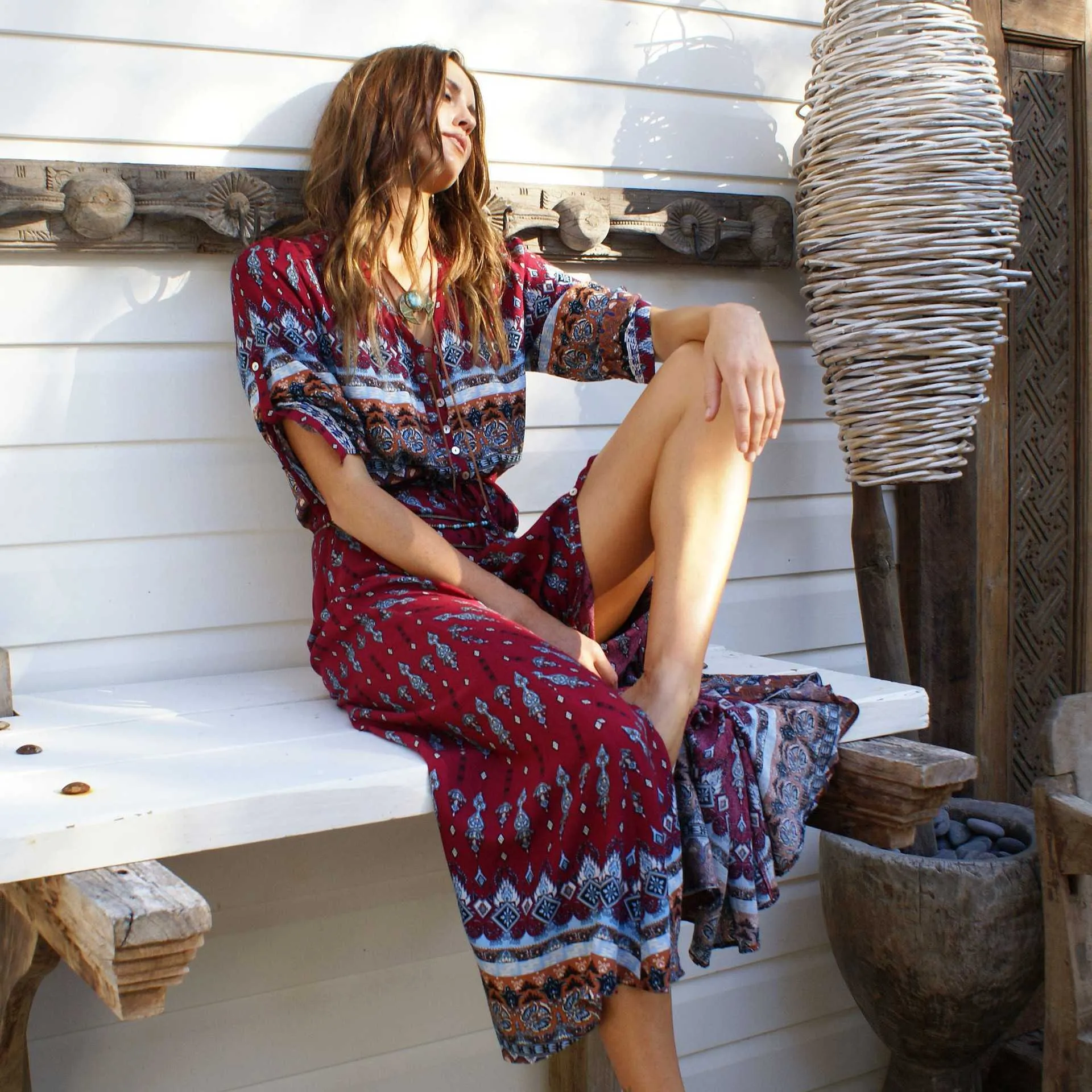 Hippie Gypsy Boho Long Beach Dress Maxi Cover Ups Beachwear