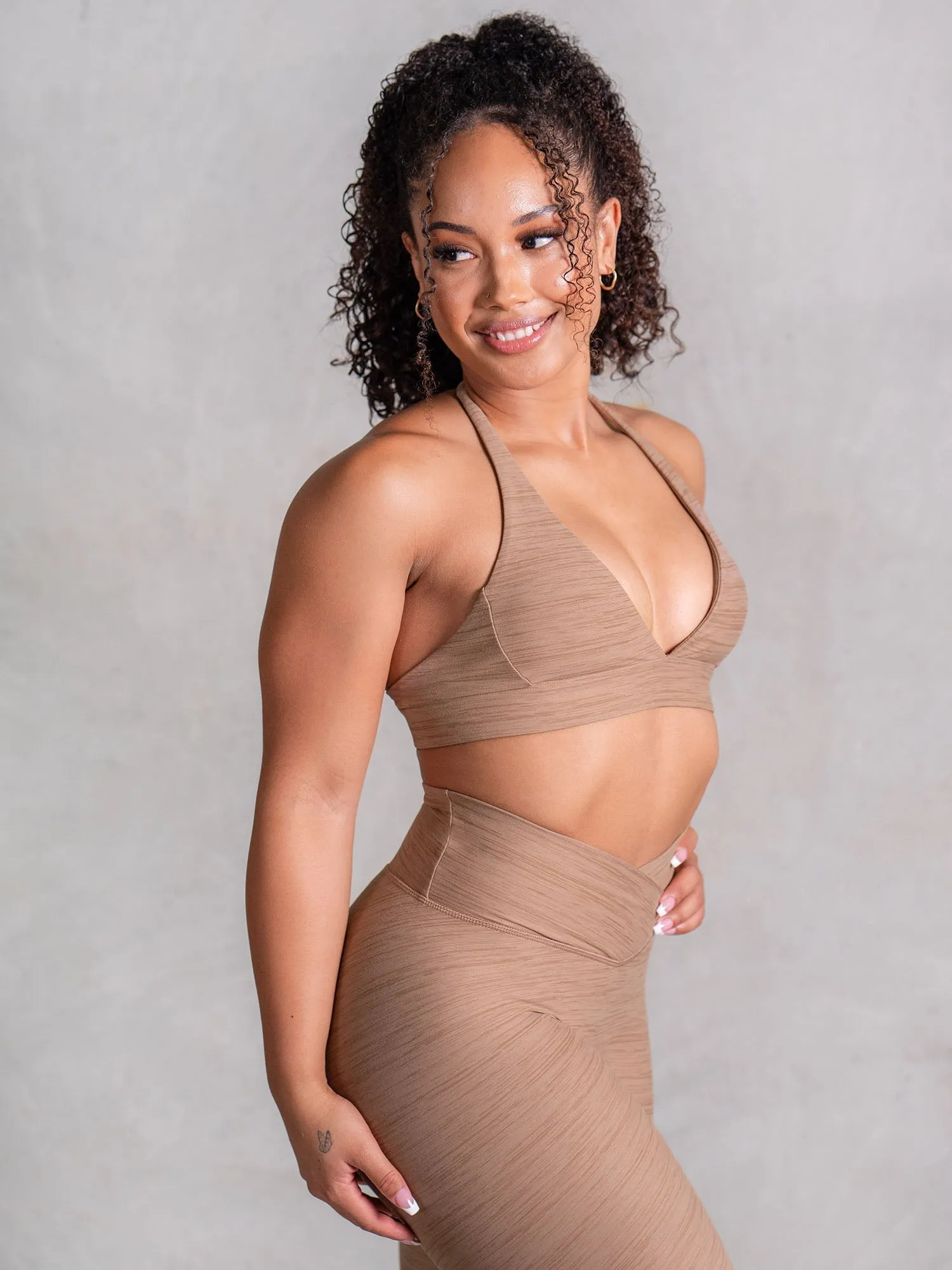 Icon V Neck Sports Bra - Mocha Marl