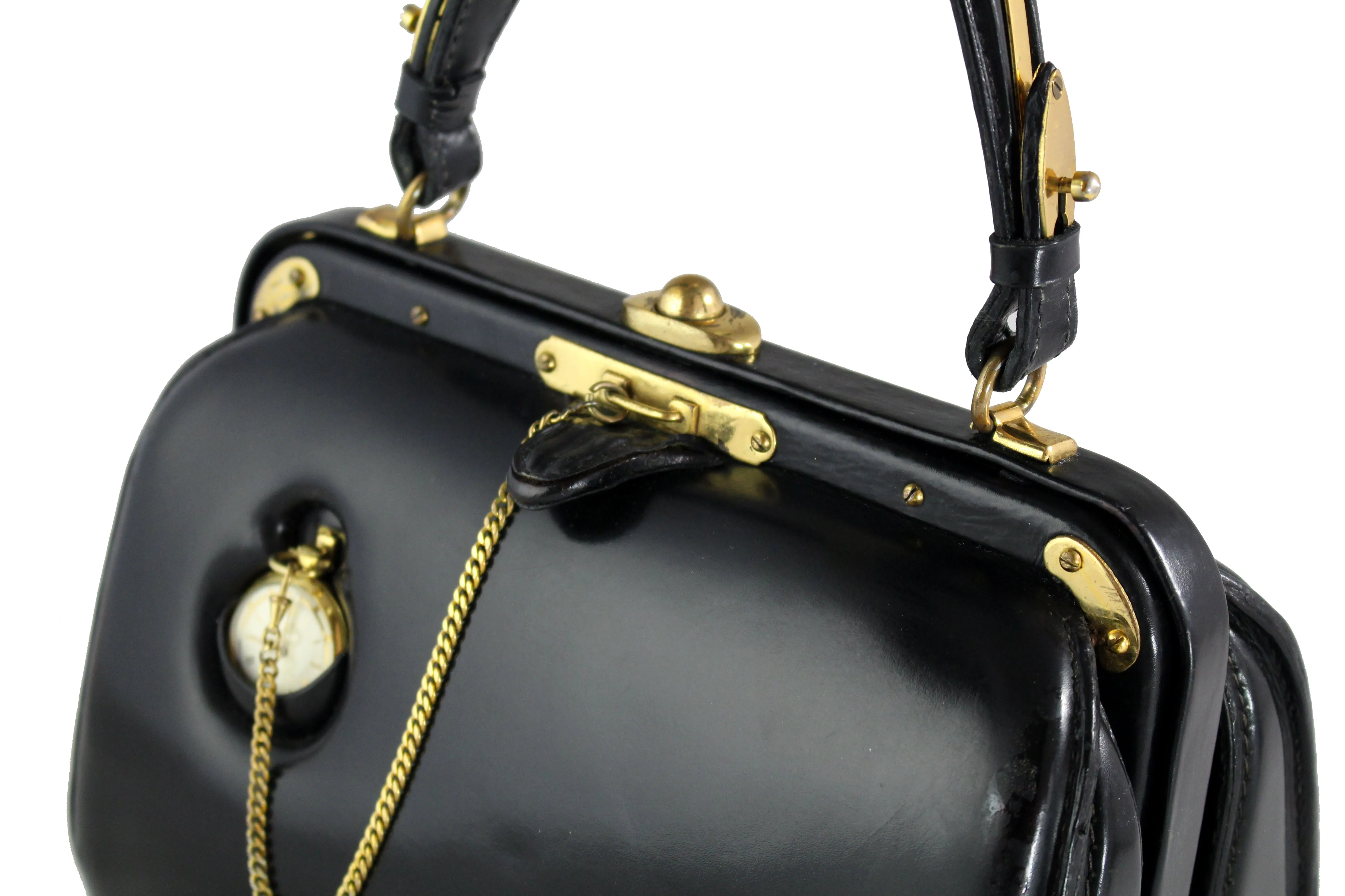 LEDERER black leather handbag with removable pocket watch