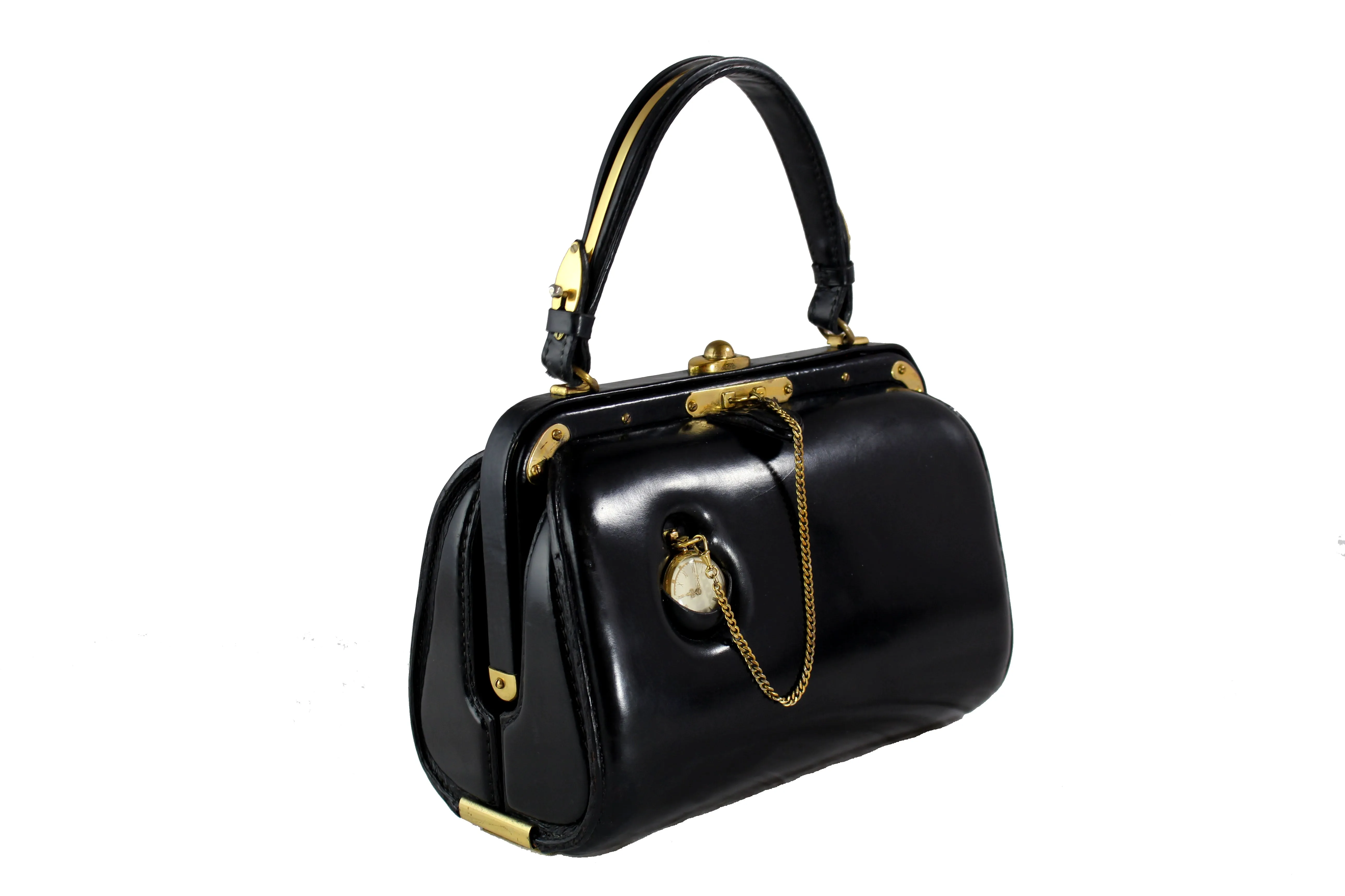 LEDERER black leather handbag with removable pocket watch