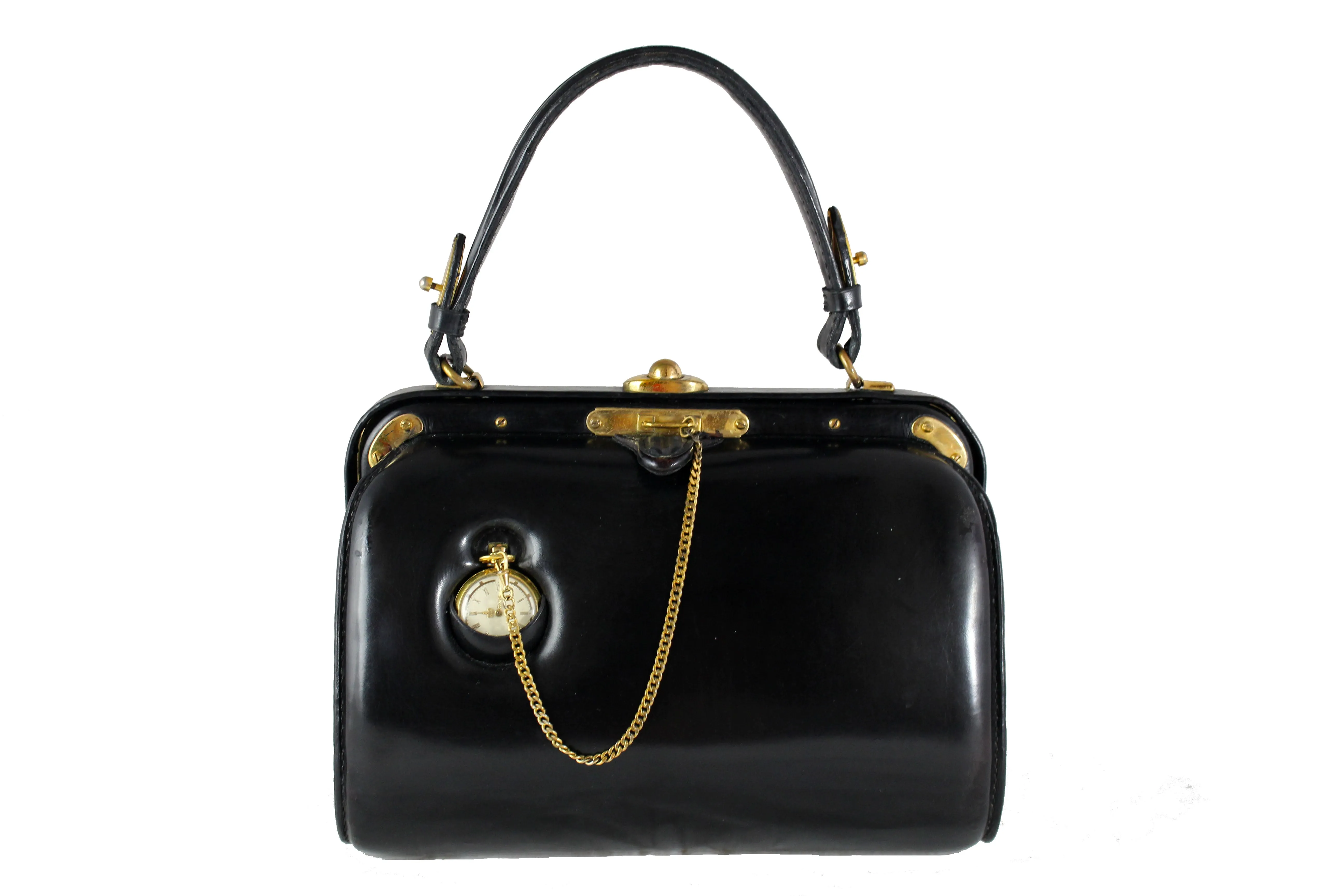 LEDERER black leather handbag with removable pocket watch