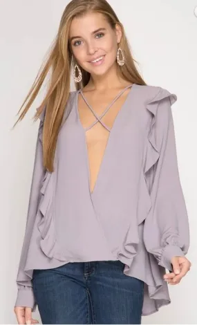 Long Sleeve Deep V Neck Ruffled Blouse