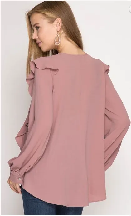 Long Sleeve Deep V Neck Ruffled Blouse