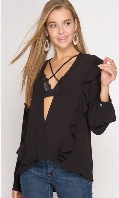 Long Sleeve Deep V Neck Ruffled Blouse