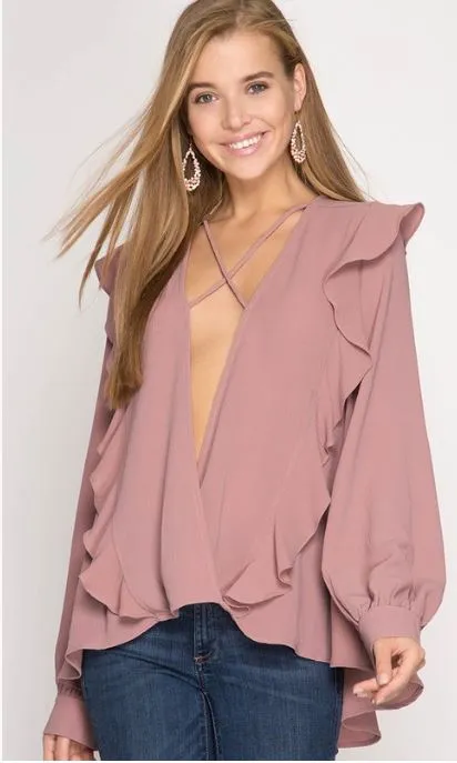 Long Sleeve Deep V Neck Ruffled Blouse