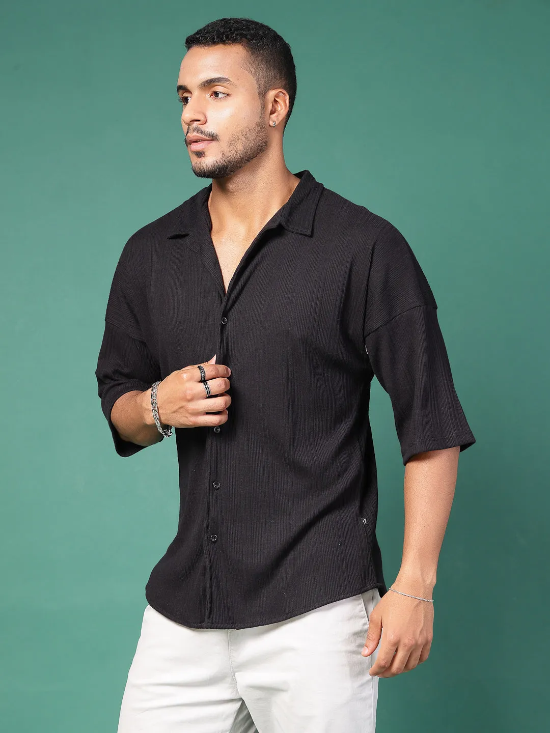 Men's Olive Ribbed Oversized Cuban Collar Shirt