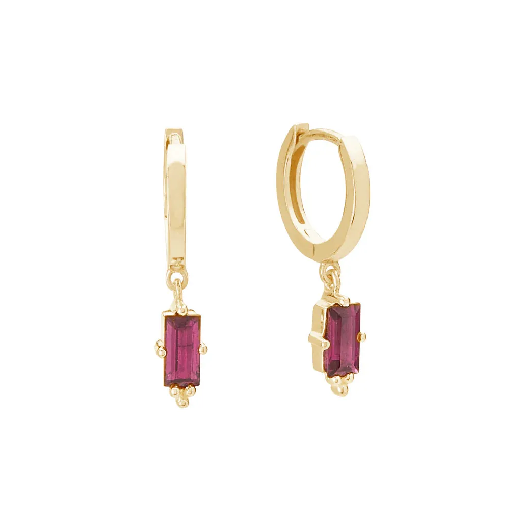 Murkani Huggie with Hanging Pink Rhodolite Baguette in 18KT Yellow Gold Plate