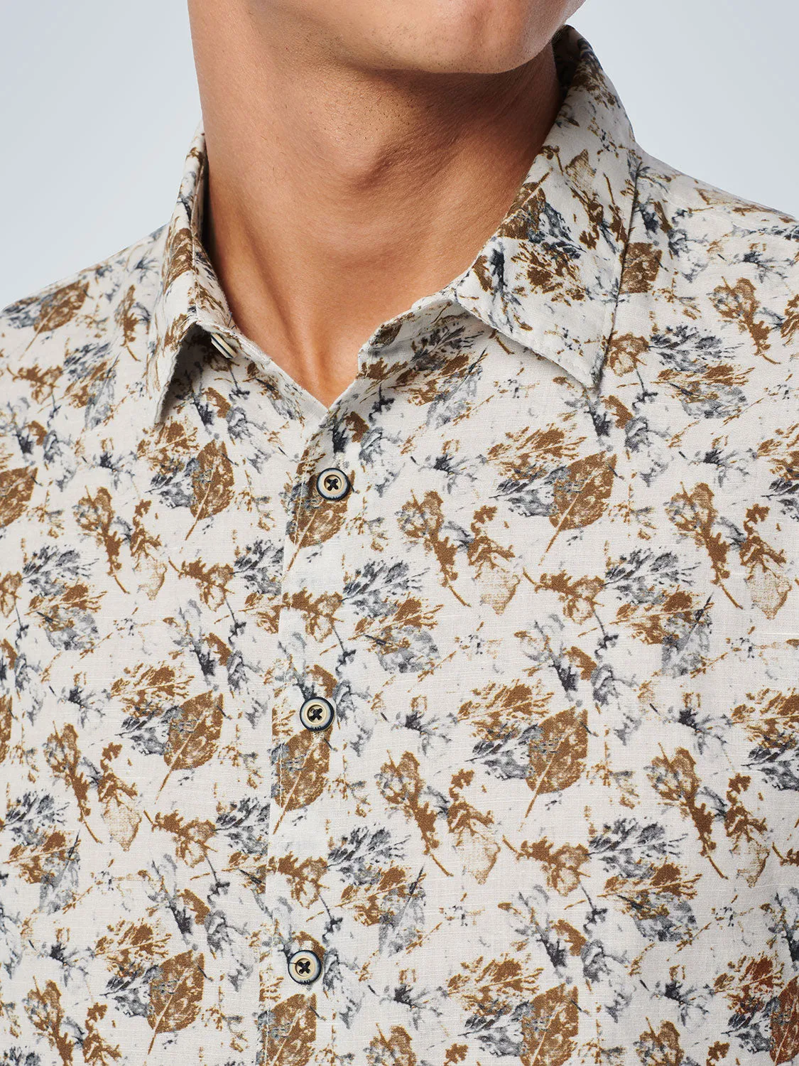 No Excess - Allover Print Linen Blend Shirt - Off White