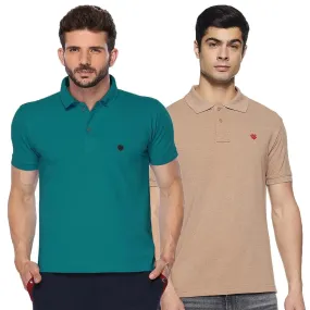 ONN Men's Cotton Polo T-Shirt (Pack of 2) in Solid Camel-Peacock Blue colours