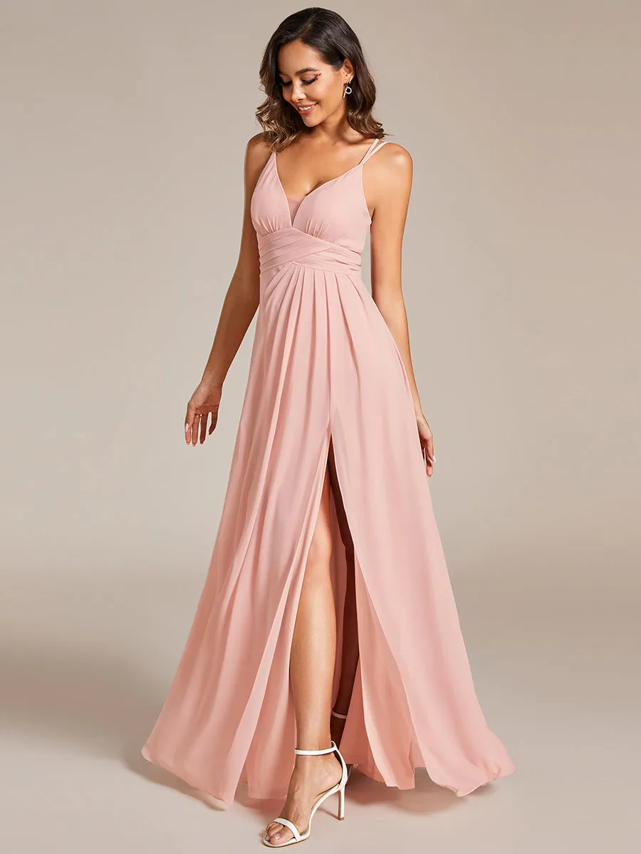 Plunging Neck Split Spaghetti Strap Back X-Cross Bridesmaid Dress