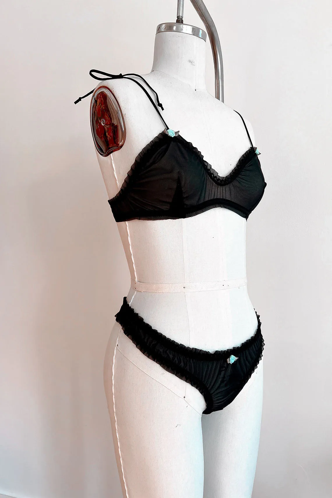 READY TO SHIP / Black Recycled Mesh Rosette Bralette (XS,S,M)