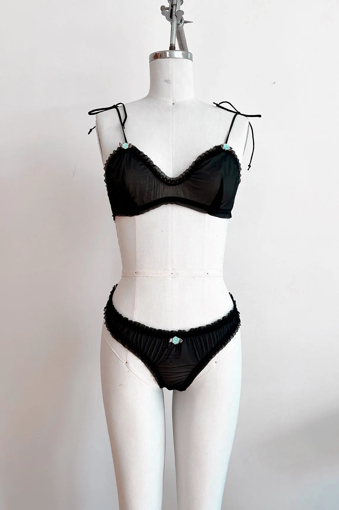 READY TO SHIP / Black Recycled Mesh Rosette Bralette (XS,S,M)