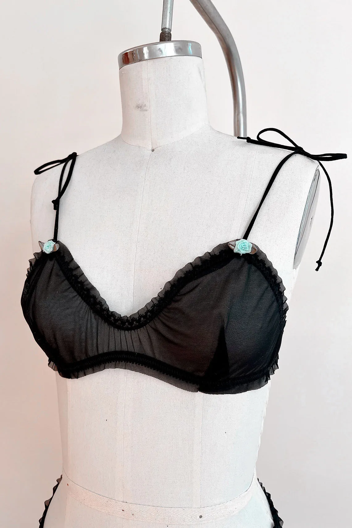 READY TO SHIP / Black Recycled Mesh Rosette Bralette (XS,S,M)