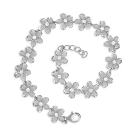 Rhodium Plated Sterling Silver Plumeria Link Bracelet, 7.5 0.5" Extender