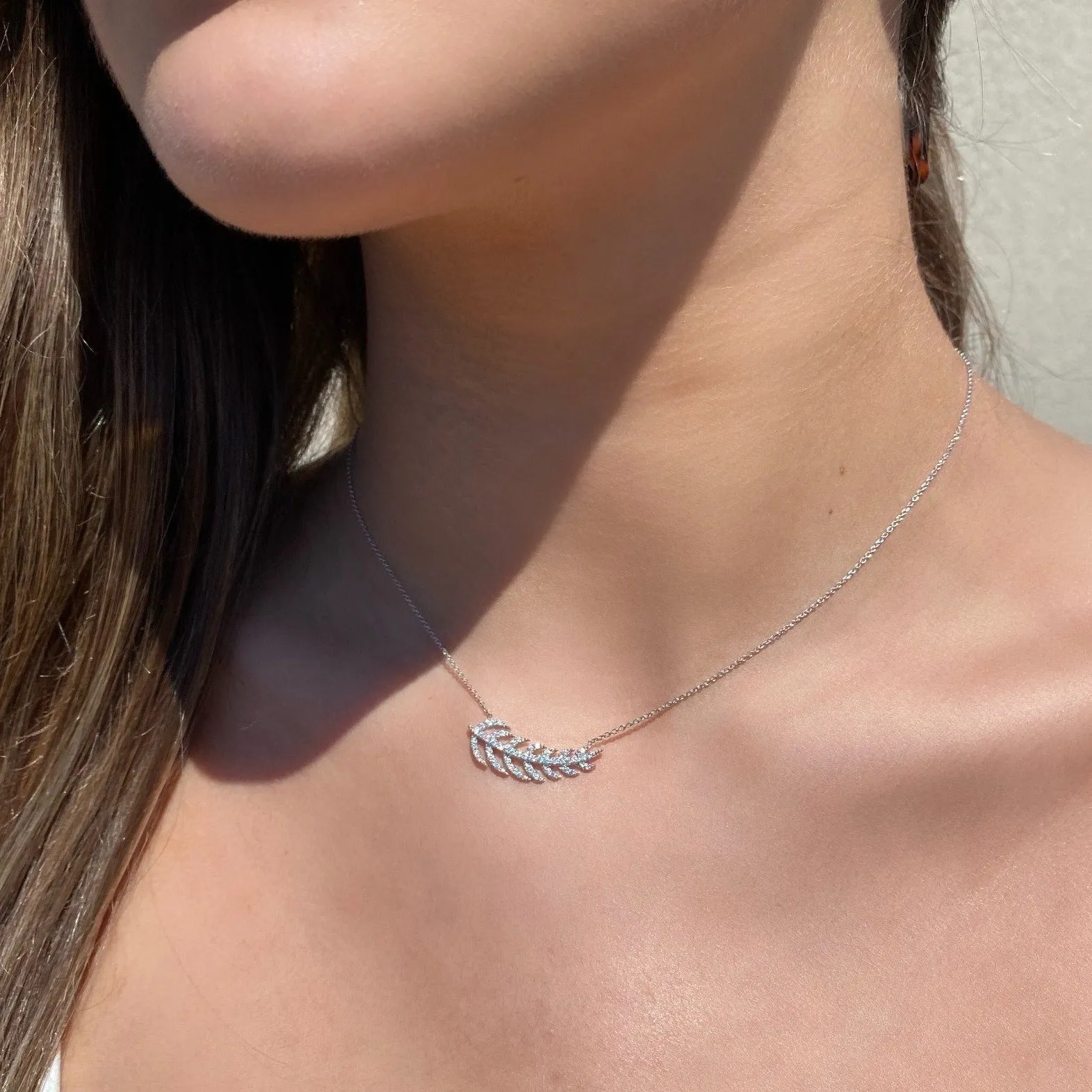 Sterling Silver Pave Single Feather Necklace