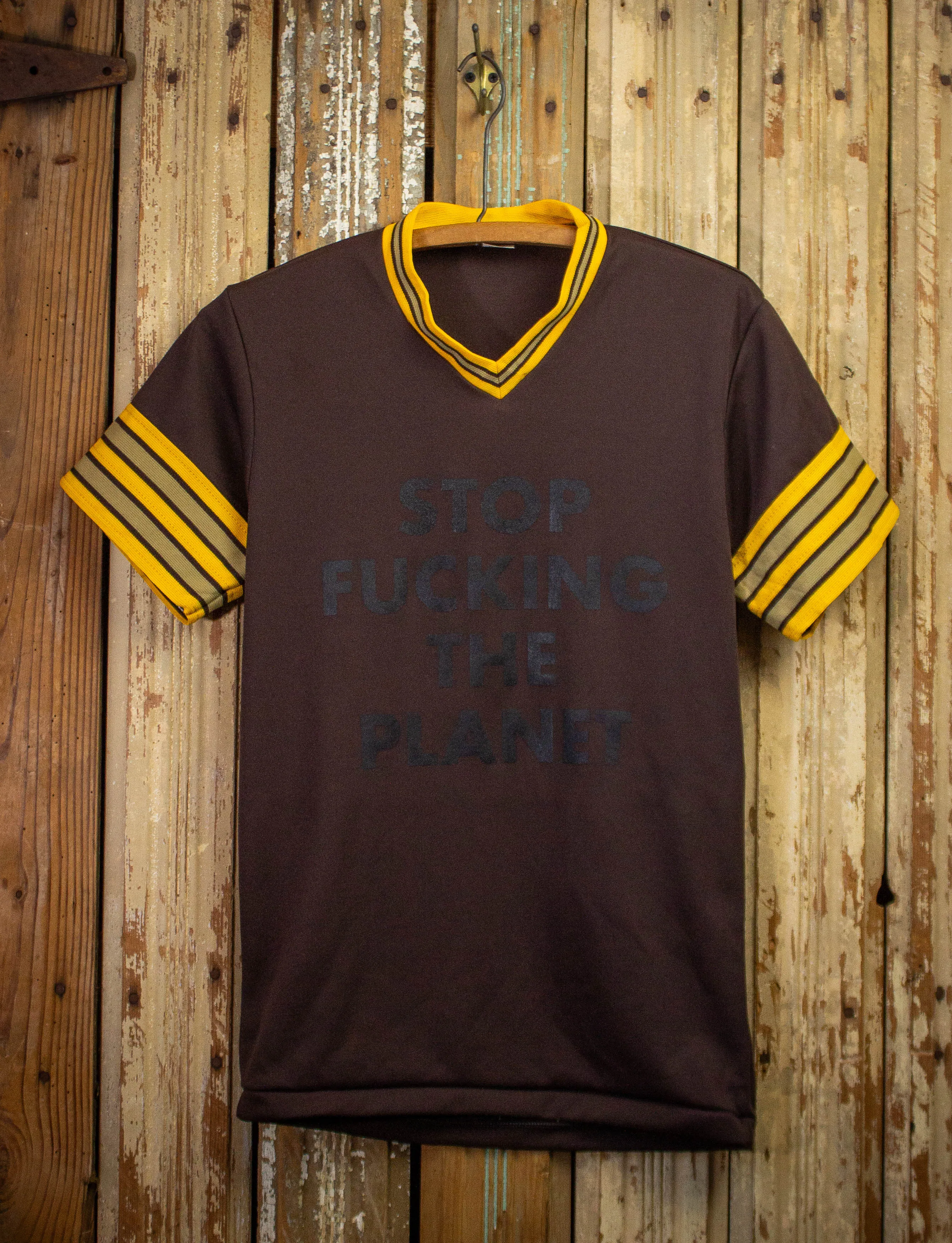 Stop Fucking The Planet Jersey Graphic T Shirt Brown and Yellow Small