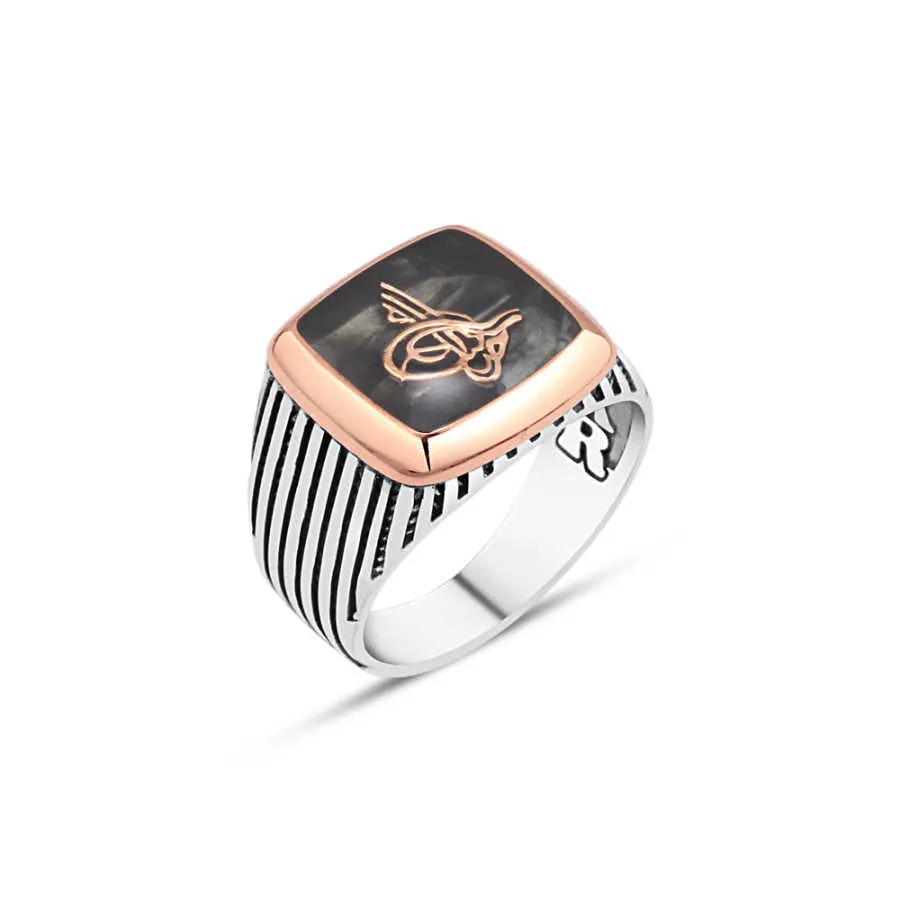 Tughra on Black Enamel Square Silver Men's Ring with Stripe Pattern