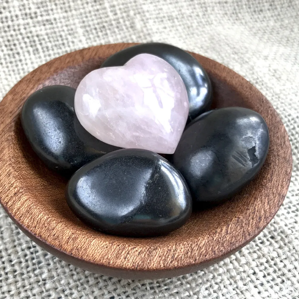 Tumbled Shungite Stones w/Sweet Rose Quartz Heart In Wood Bowl