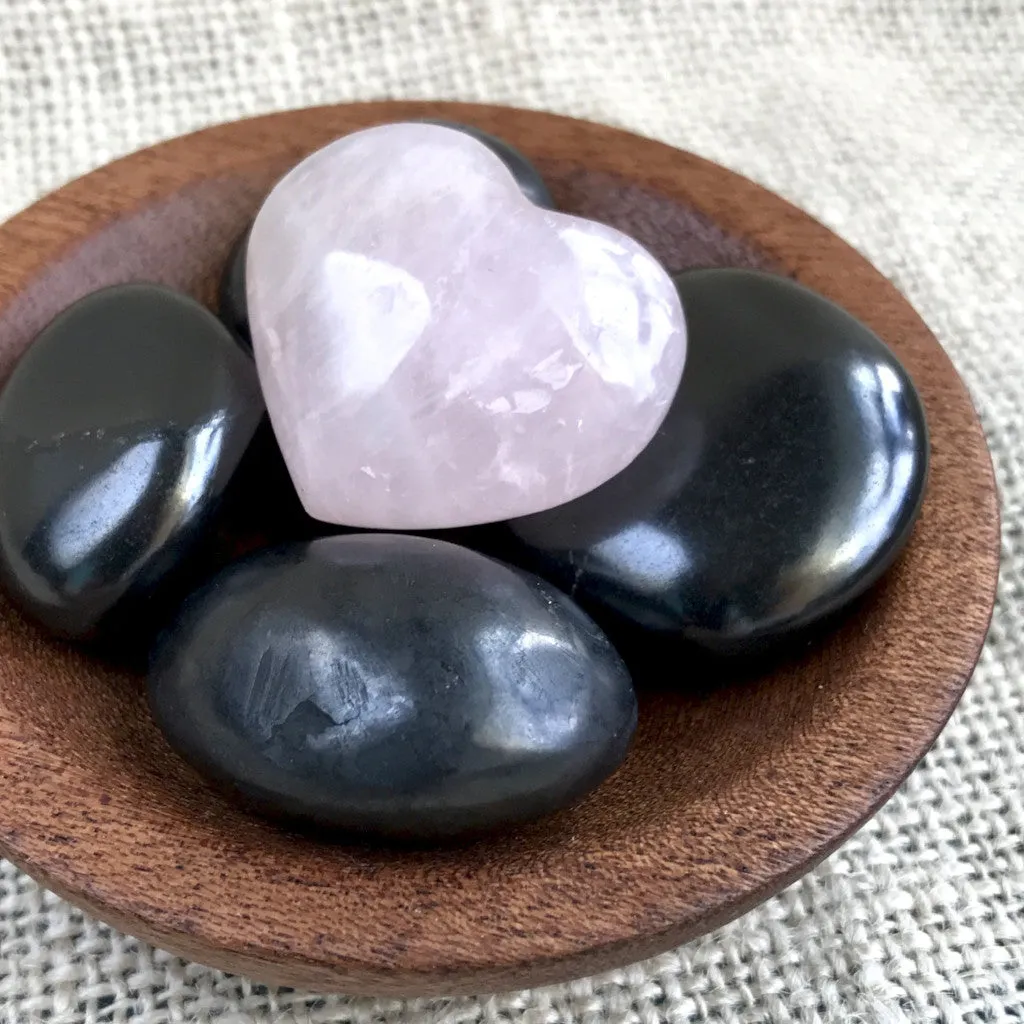 Tumbled Shungite Stones w/Sweet Rose Quartz Heart In Wood Bowl