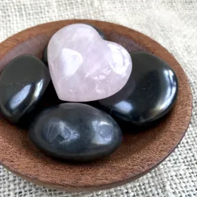 Tumbled Shungite Stones w/Sweet Rose Quartz Heart In Wood Bowl