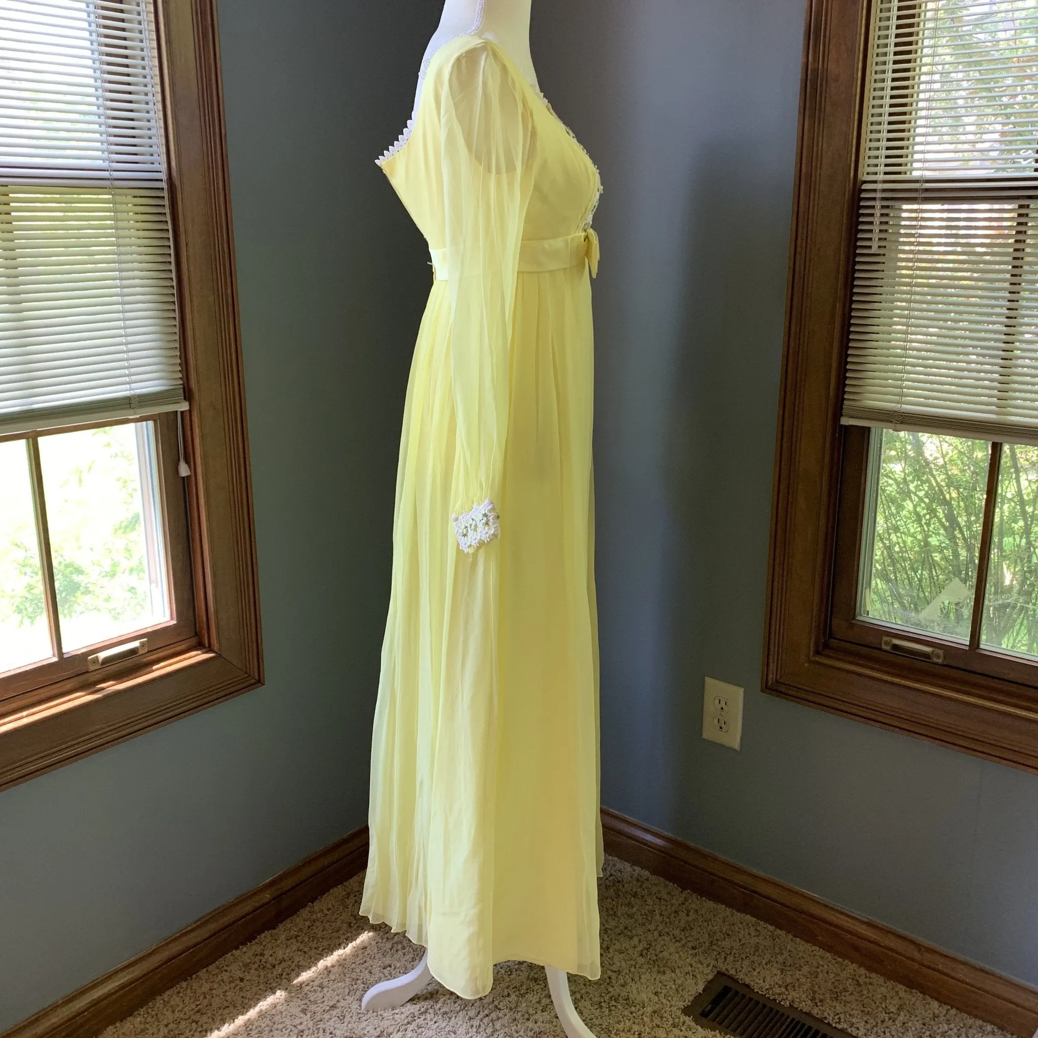 Vintage 1960s Yellow Chiffon Maxi Boho Dress. Lace Accents for Saks Fifth Ave. Festival Dress