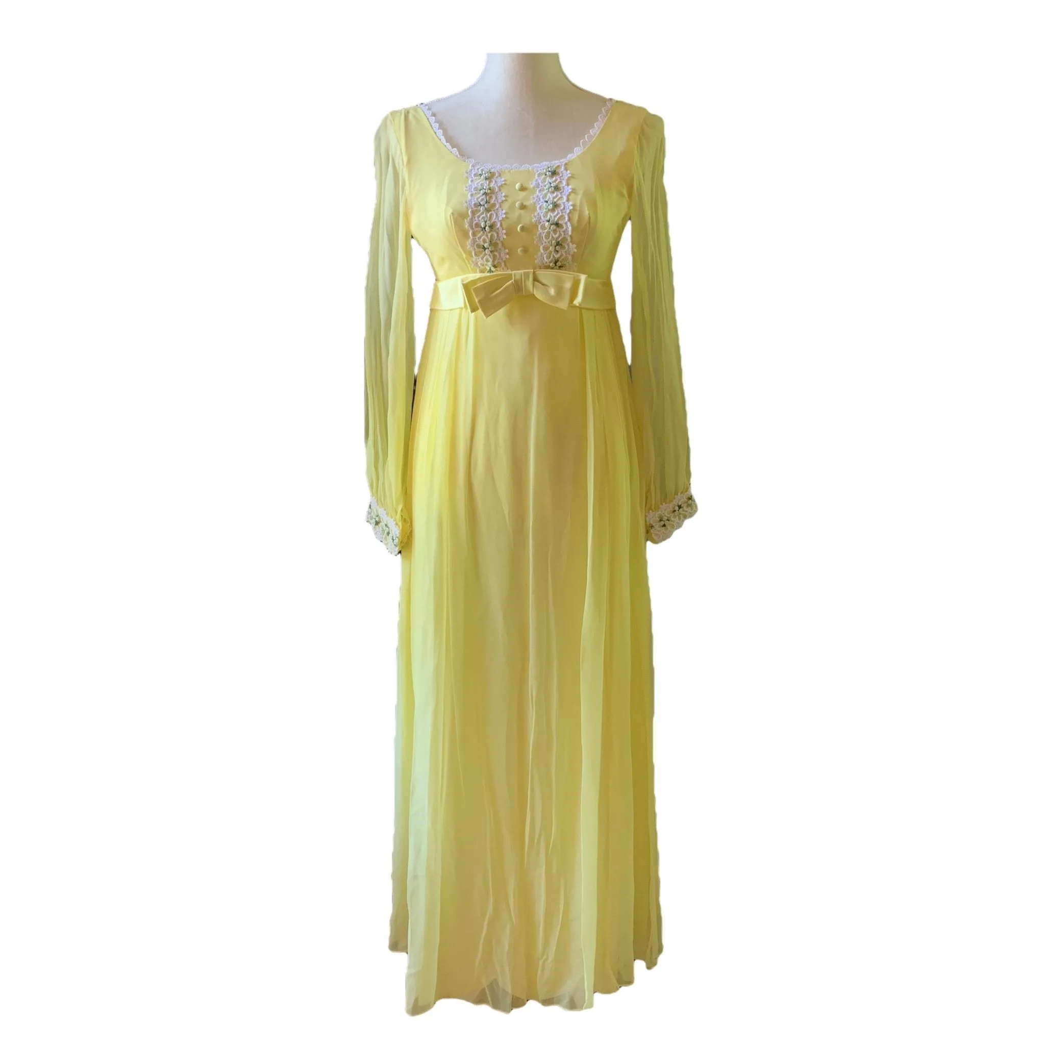 Vintage 1960s Yellow Chiffon Maxi Boho Dress. Lace Accents for Saks Fifth Ave. Festival Dress