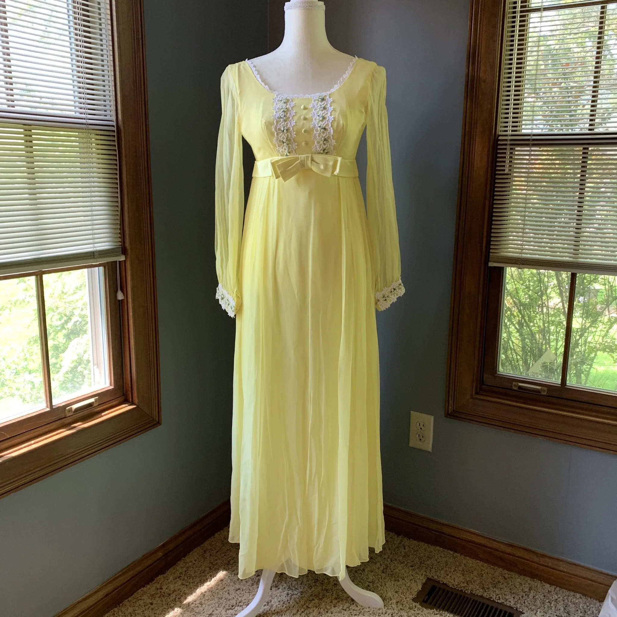 Vintage 1960s Yellow Chiffon Maxi Boho Dress. Lace Accents for Saks Fifth Ave. Festival Dress