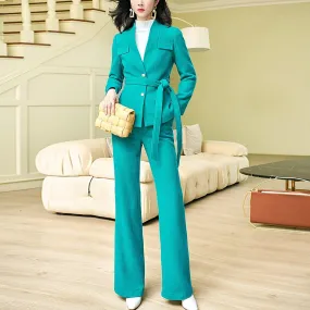 Wool Blend Aqua Collarless Blazer & Flare Pants Set