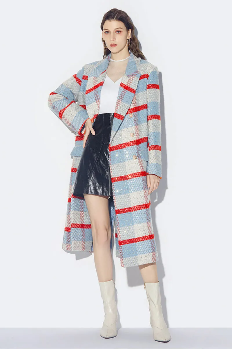 Wool Blend Plaid Sequin Double Breasted Coat